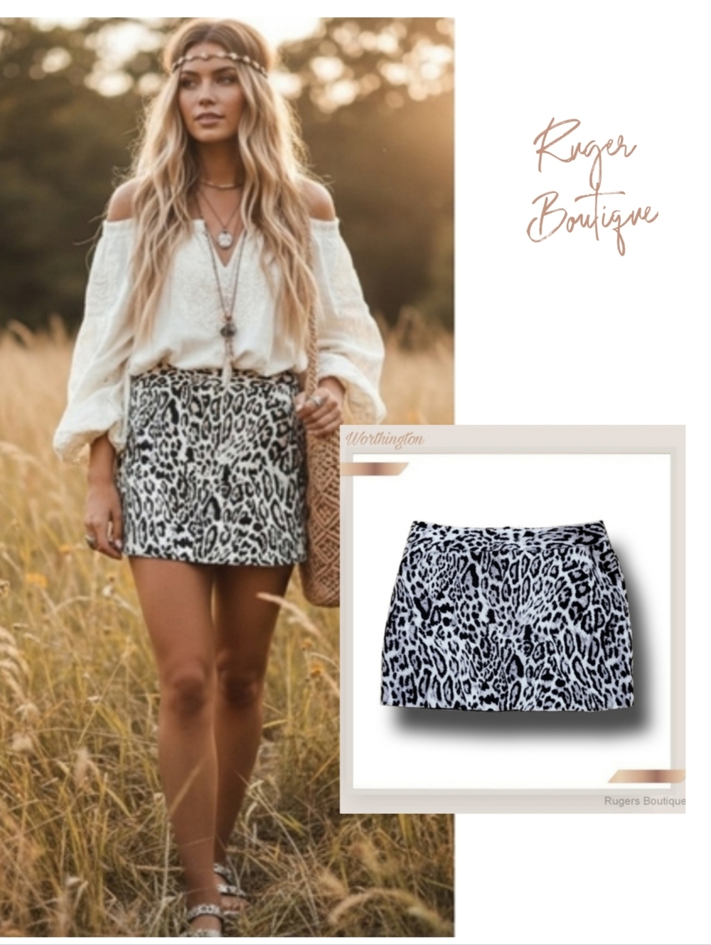 🌿Worthington Women's Sz 4 Black White Snow Leopard Print HandCut-Off Mini Skirt